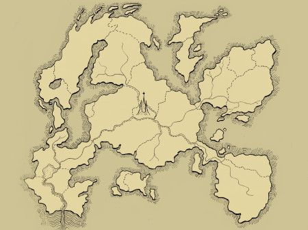 A tan map with hatching marks on the borders. It implies countries surrounding by rock walls. There are no detailed texts on it unlike other maps.