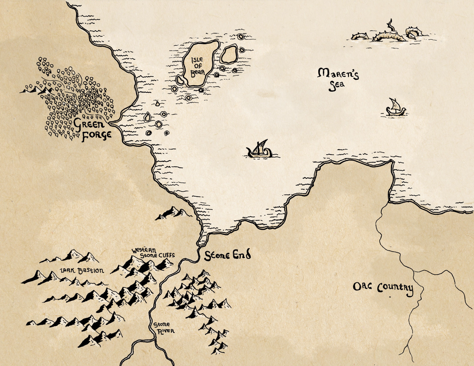 A map of Stone End, which features the ocean, and several towns.