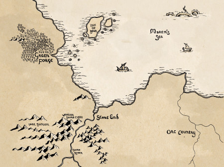 A map done in Tolkein style. Stone End is the main port, with the Stone River leading into it. There is the Maren's Sea taking up much of the map. To the west in the mountains is Lark Bastion. Green Forge is to the west with forests around it. To the east is Orc Country which is flat and plains.