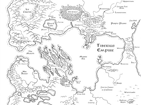 A detailed black and white map of the Tiberius Empire. There is a central sea called the Maren Sea. To the north are the Capitol City, Old Forest, Placid Lake, and Ice Crater. In the middle are the Dragon Fingers going into the sea. To the south is Stone End, Daltronia, and the Nir Desert.