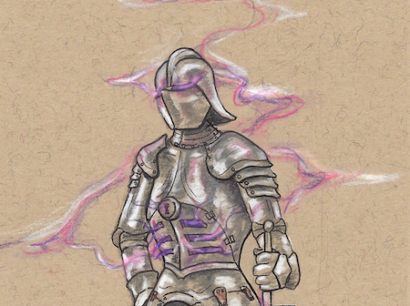 A suit of armor surrounded by purple light glowing around it.