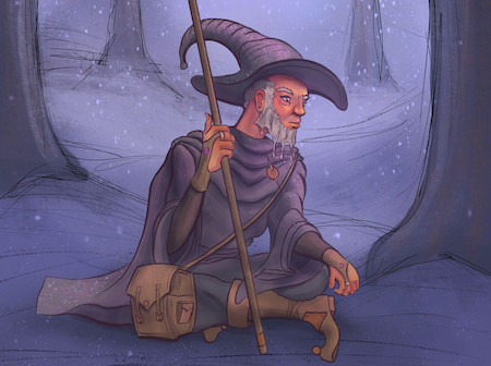 An older dark-skinned man sitting cross legged. He holds a staff with feathers attached at the top. He has a gray beard with dreads and gems attached to them. He sits in a snow covered forest. He has a classic floppy wizard hat.