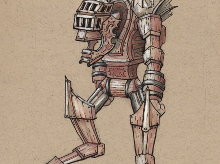 A drawing on toned paper with ink. A man rides on the back of a mech-like construction. It is made out of wood and has pistons and controls. It is vaguely humandois shape and is approximately 20 feet tall.