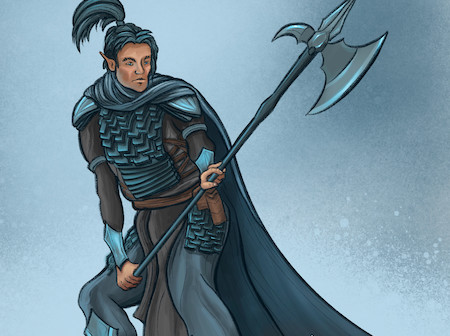 A warrior holding a halberd. He has a cape, and stands ready in an abstract white snowy environment. He has a top knot and elf ears.