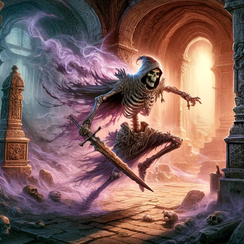 Detailed fantasy concept art of a skeleton warrior in action within an underground ruin. The illustration captures the skeleton mid-swing with its rusty sword, illuminated by a mystical purple light that resembles drifting fog. The setting includes intricately designed ancient stone walls and scattered debris, enhancing the otherworldly feel. The art style is rich with texture and depth, emphasizing the dramatic action and eerie atmosphere of the scene.